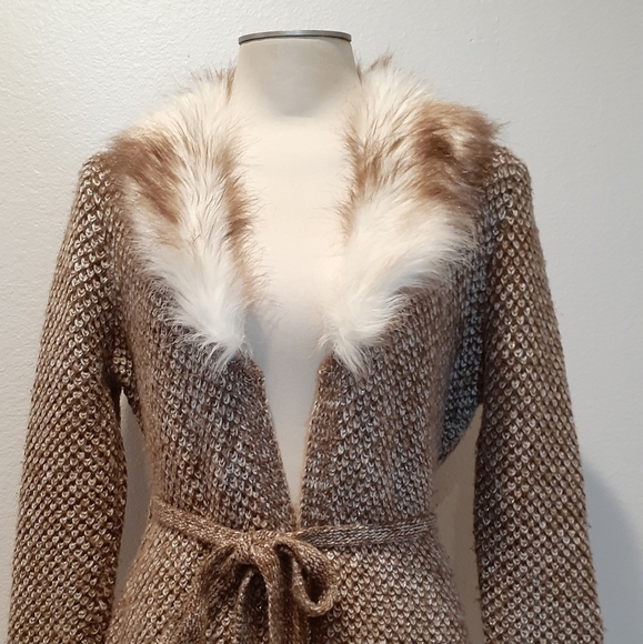 OONA & MAUD FAUX FUR NECK LONG CARDIGAN J867 - Picture 1 of 8